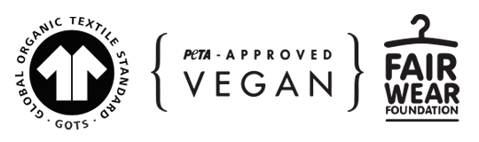 Sellos GOTS, Peta Approved Vegan y Fair Wear Foundation. 